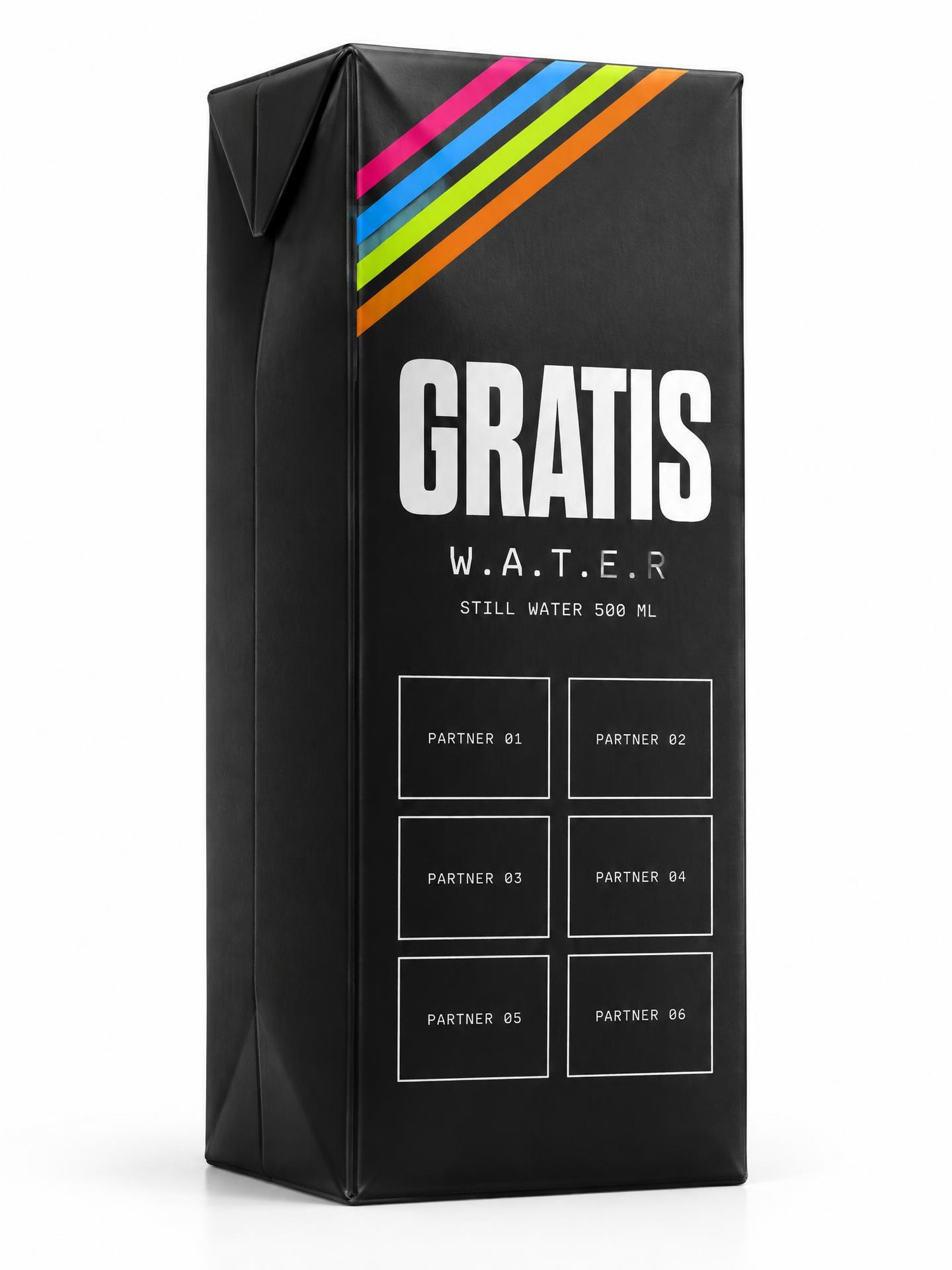 Angled studio concept of a black 500 ml GRATIS water edition on a clean white background.