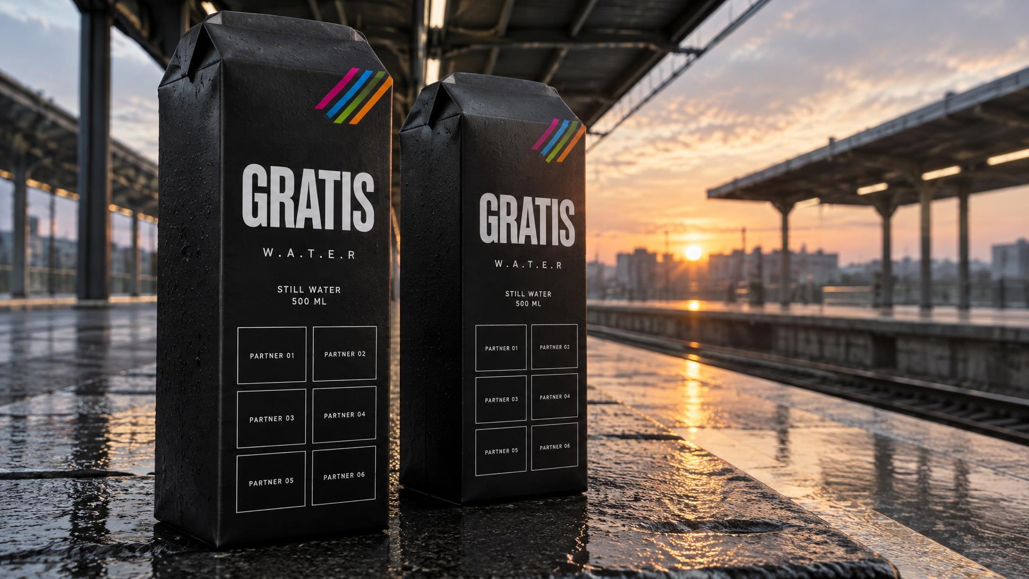 Campaign concept of two black GRATIS water editions on a station platform at sunrise.
